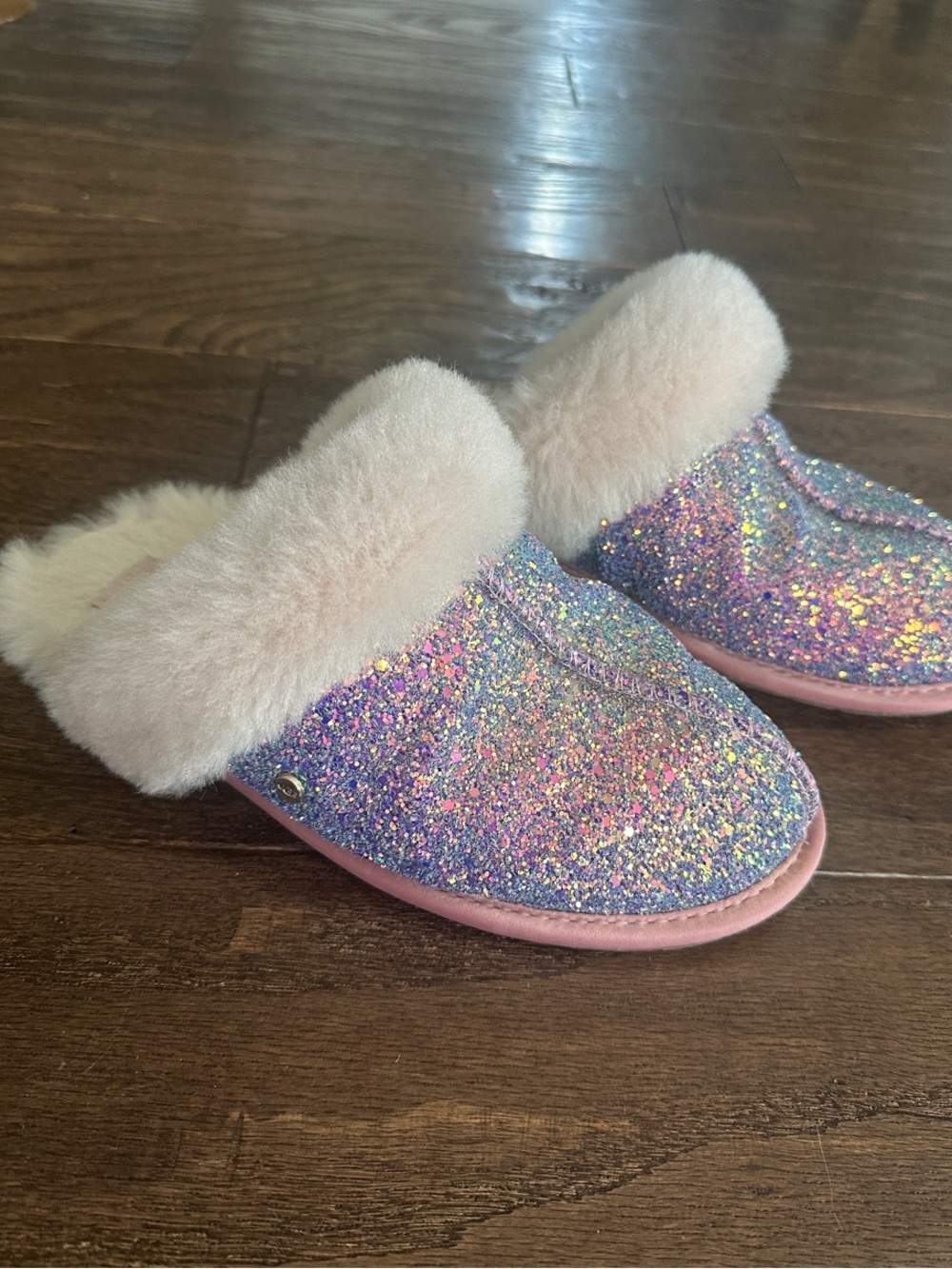 UGG Womens Glitter Slip-On Slippers with Pink Faux Fur